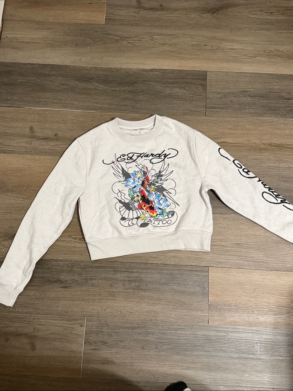 Ed Hardy White Cropped Sweatshirt with Multicolor Tattoo Graphic